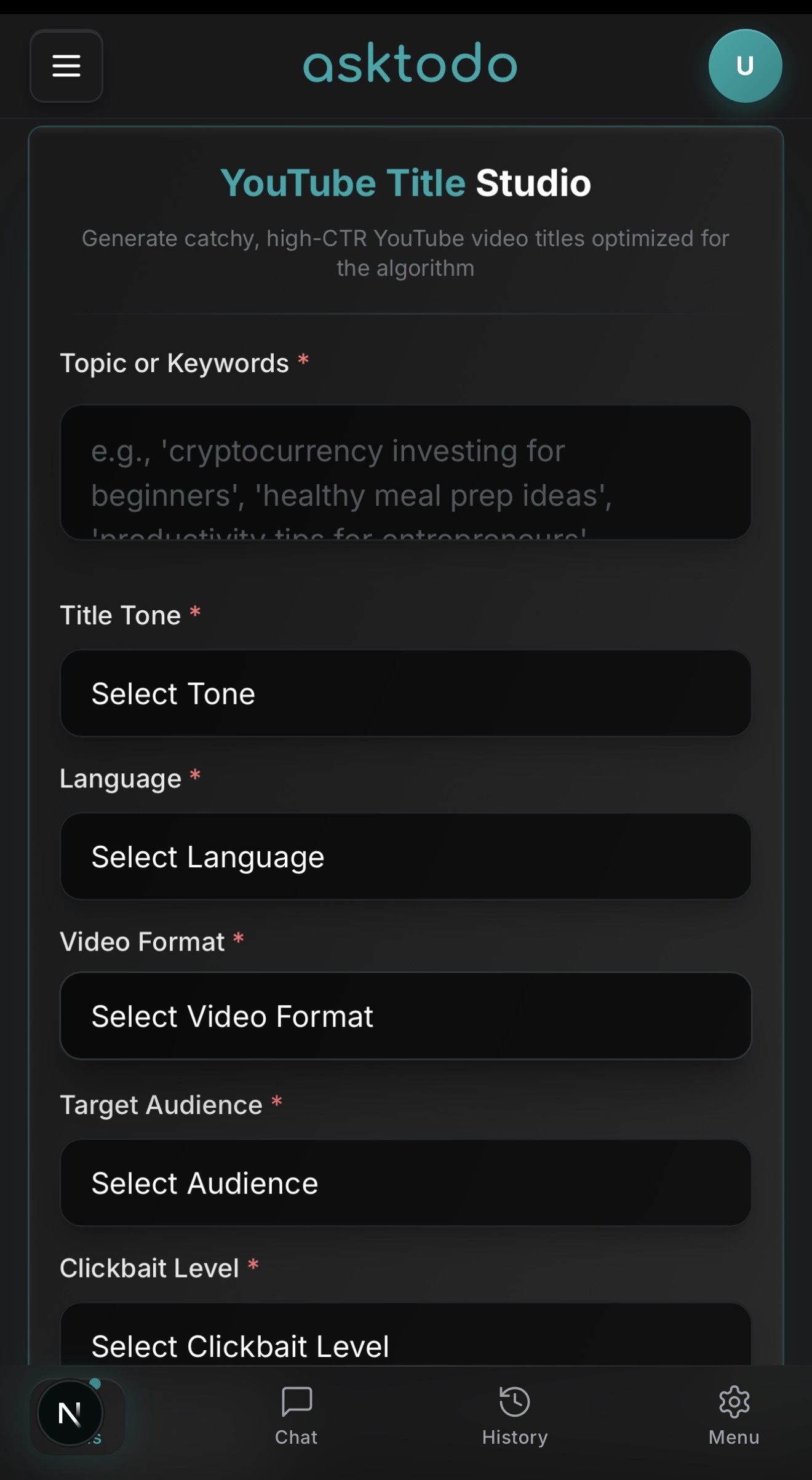 YouTube Script Studio Mobile Interface - Generate Video Scripts
